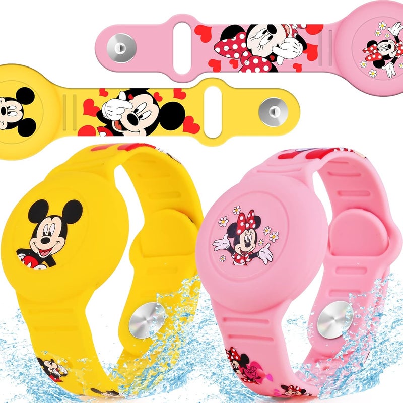 ZHOC Waterproof AirTag Bracelet for Kids [2 Pack], Cute Cartoon Airtag Holder for Kids with Full Coverage Hidden Design, Silicone Airtag Wristband for Child, Healthy Material Pink + Yellow - Image 1